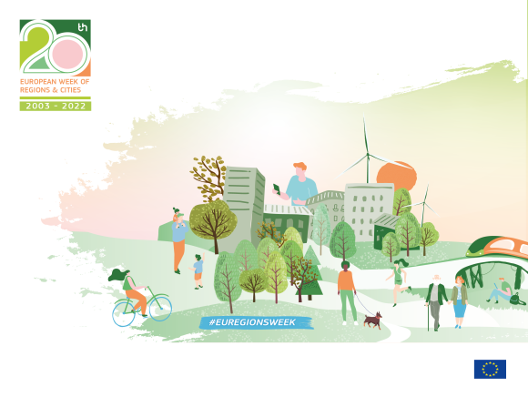 Image branding of the Week of Regions and Cities 2022 representing a landscape with citizens, trees, buildings, a train, windmills and the sun